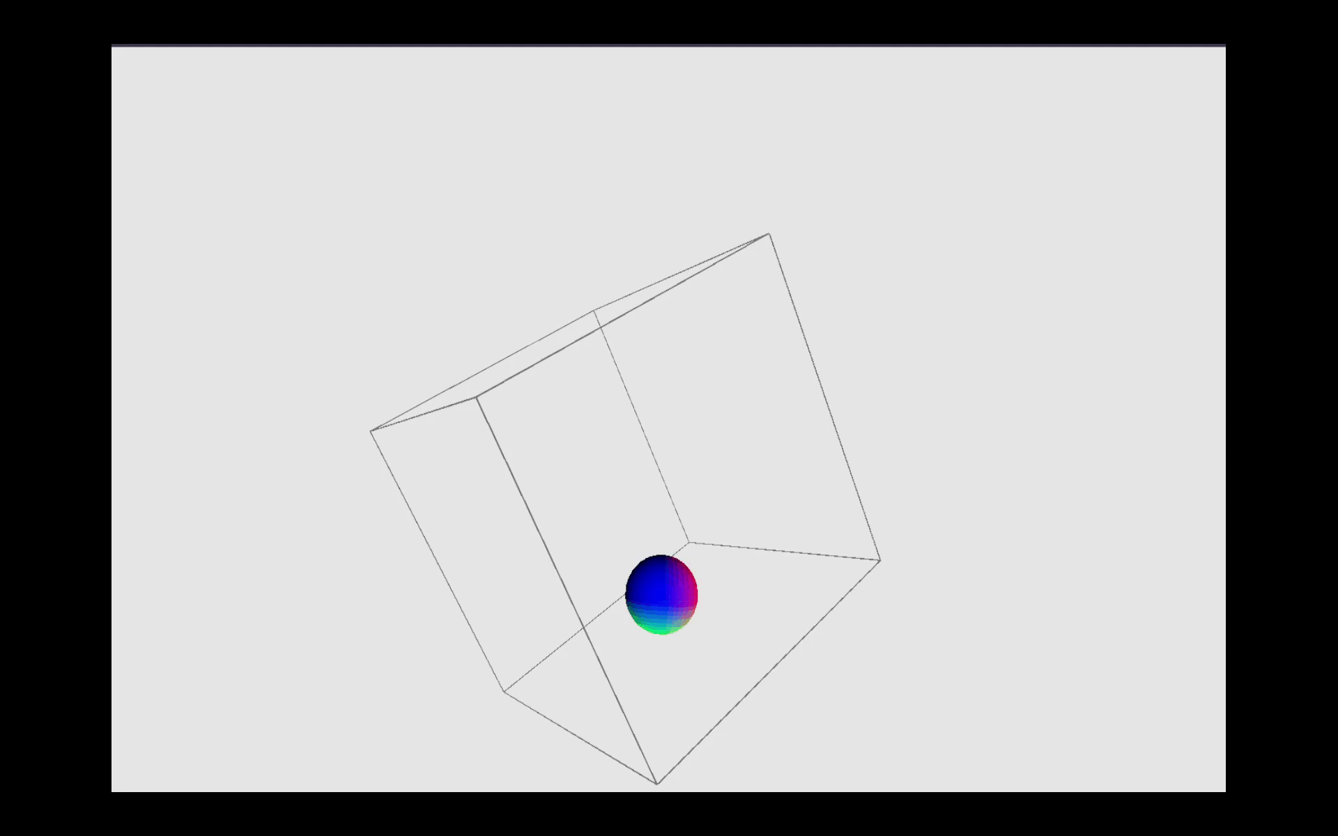 The same vibrant sphere now floats in a distorted, off-center environment—angular frames shift and skew as if space itself is bending around the orb.